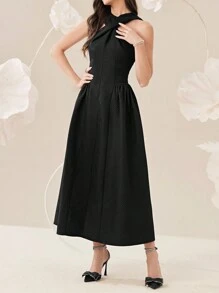 Modelyn Women's Summer Solid Color Cross Twist Knee-Length Sleeveless Elegant Dress