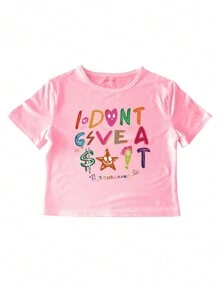 SHEIN Women Casual Short Sleeve T-Shirt With Cartoon Slogan Print And Slim Fit Cut For Summer