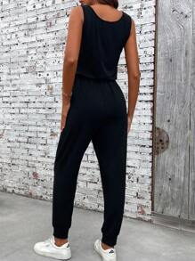 EMERY ROSE Solid Color Sleeveless Jumpsuit With Large Round Neckline And Pocket, Summer - Black - View 2