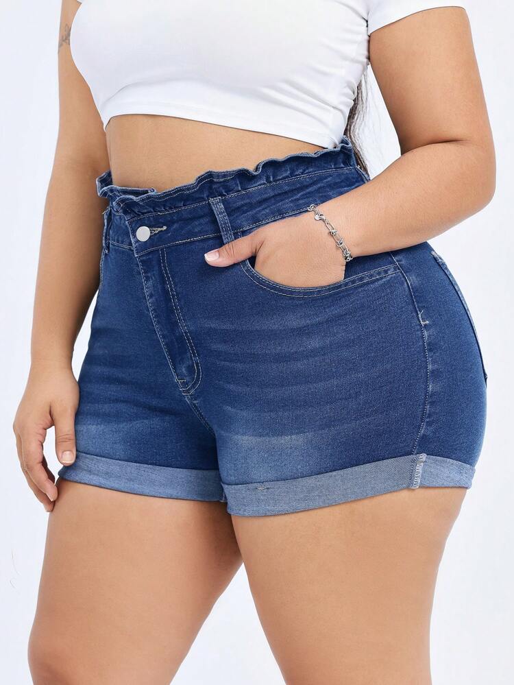 Plus Size Summer Casual Skinny Mini Denim Shorts With Rolled Hem