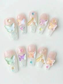 ROMWE Kawaii 10入組可愛蝴蝶手工假指甲+ 3入組雙面膠貼片，可拆卸Y2K彩色手繪美甲貼紙，高品質閃爍漸變指甲美甲貼，適用於節日、派對、舞蹈和日常穿著 - 彩色 - 查看 2