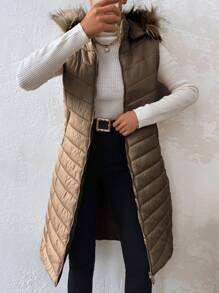 RueChic Fuzzy Trim Hooded Puffer Vest Coat - Coffee Brown - View 3
