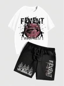 ROMWE MEN Street Life Bộ áo thun ngắn tay cổ tròn và quần short thắt lưng có dây rút dành cho nam mùa hè & in chữ - Nhiều màu - Xem 1