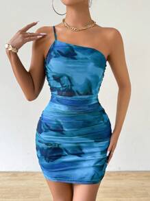 Chiquease 25+ Sexy One Shoulder Ruched Sheer Mesh Bodycon Mini Dress For Holiday - Multicolor - View 7