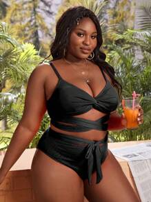 大码夏季纯色结带镂空沙滩比基尼套装夏季海滩 - 黑色 - 查看 4