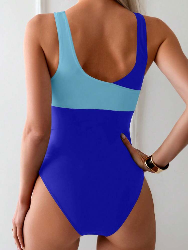 Women's Fashionable Slim Fit Color Block Cross Design One-Piece Swimsuit Summer