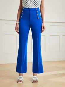 MOTF Classy 金色鈕扣細節縫紋前開叉喇叭褲 - 藍色 - 查看 5