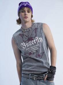 Manfinity Roghcode Y2K Retro Street Style Men's Denim Snowflake Ripped Funny Disco Graphic Vest With Butterfly Pattern, For Friends