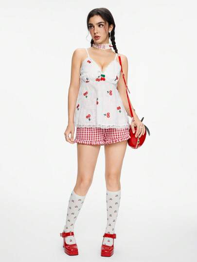 Kawaii Canotta In Pizzo Ricamato Ciliegia Dolce E Adorabile