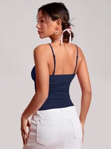 SHEIN PETITE Women's Solid Color Lace Patchwork Ruffle Summer Sexy Camisole Cami Top - Navy Blue - View 2