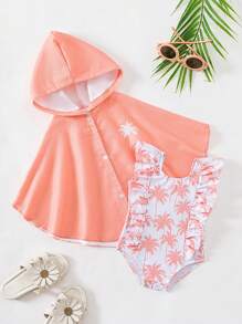 SHEIN Baby Girl Summer Beach Coconut Tree Print Ruffled One-Piece Swimsuit With Hooded Cape Cover-Up - Red - View 1