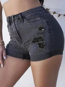Women's Distressed Denim Shorts With Pockets, Washed - Dark Grey - View 7