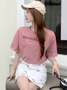 DAZY 女性夏季字母印花圓領短袖休閒T恤 - 粉色 - 查看 7