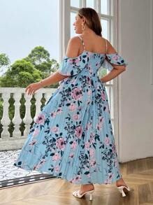 Flirla Plus Size Floral Print Pleated Spaghetti Strap Summer Holiday Casual Dress - Blue - View 2