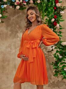 Joyfunear Lantern Sleeve Deep V-Neck Tie Waist Pleated Maternity Elegant Dress, For Party