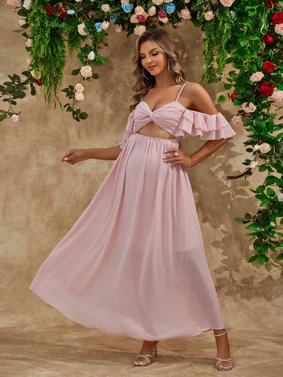 Sexy Chiffon Ruffled Maternity Cami Elegant Dress, For Party - Pink - View 1