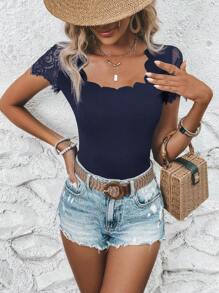 SHEIN Clasi 女士夏季純色蕾絲修邊圓領修身短袖T恤 - 藏蓝色 - 查看 4