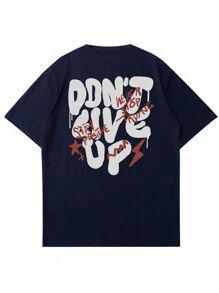 2022 Men's Casual Round Neck Letter Print Short Sleeve T-Shirt, Summer - Navy Blue - View 4