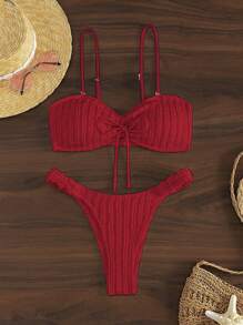 SHEIN Swim Women's Solid Color Bandeau Bikini Set With Straps For Summer Beach - Red - View 5