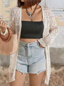 SHEIN Clasi 女款大尺寸鏤空針織前開襟衫 - 杏色 - 查看 1