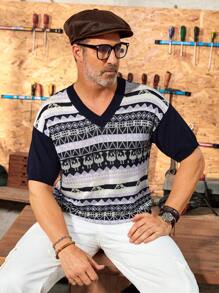 Manfinity Homme Men's Summer Camel Pattern V-Neck Short Sleeve Casual Knit Top - Multicolor - View 7