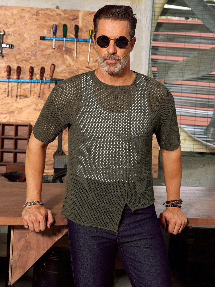 Men's Fashionable Solid Color Hollow-Out Design Asymmetric Hem Knitted Sweater