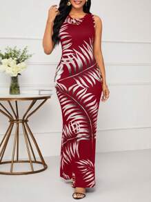 SHEIN Lady Vestido ajustado de fiesta de Navidad con estampado de plantas de vacaciones