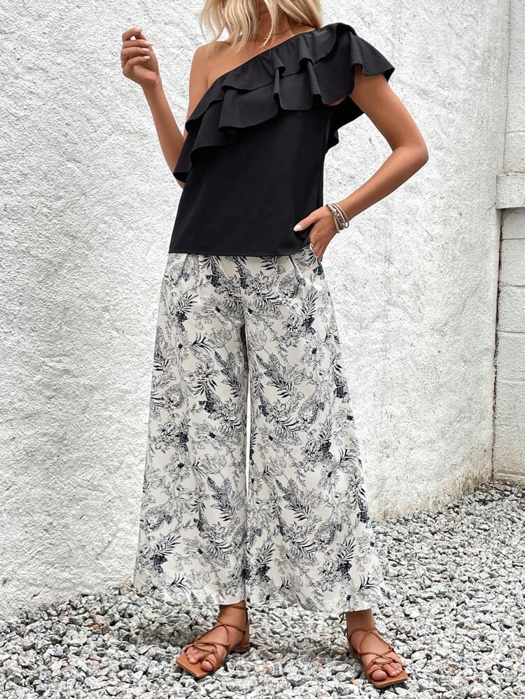 Winter Casual Solid Color One Shoulder Ruffle Shirt & Wide Leg Pants Two-Piece Set