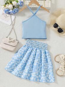 SHEIN Tween Girl's Summer Vacation Casual Solid Color Cross Halter Top And Floral Cake Skirt - Blue - View 2