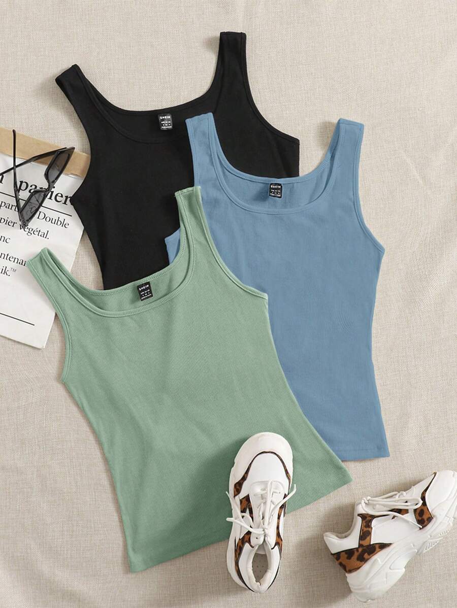SHEIN EZwear Summer 3 Packs Rib-Knit Slim Fit Base Tank Top - Multicolor - View 1