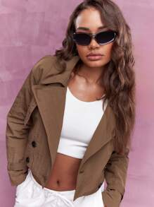 MISSGUIDED Belt Detailed Crop Trench Coat - Brown - View 3