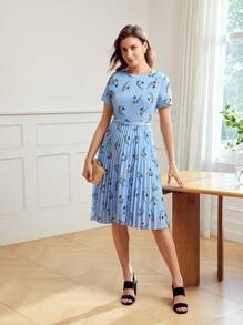 MOTF Classy ALLOVER PRINT BUCKLE BELTED PLEATED HEM DRESS