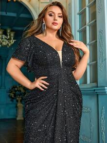 QOQ Noble Elegant Black Plus Size Sequin Pleated Ruffle Mermaid Fishtail Floor Length Gown Dresses - Black - View 3