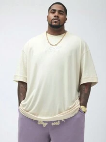 Manfinity VCAY Manfinity NXTstreet Men's Plus Size Knitted Casual Loose Drop-Shoulder Round Neck Short Sleeve T-Shirt, Embroidery Craft, Suitable For Summer Daily Wear