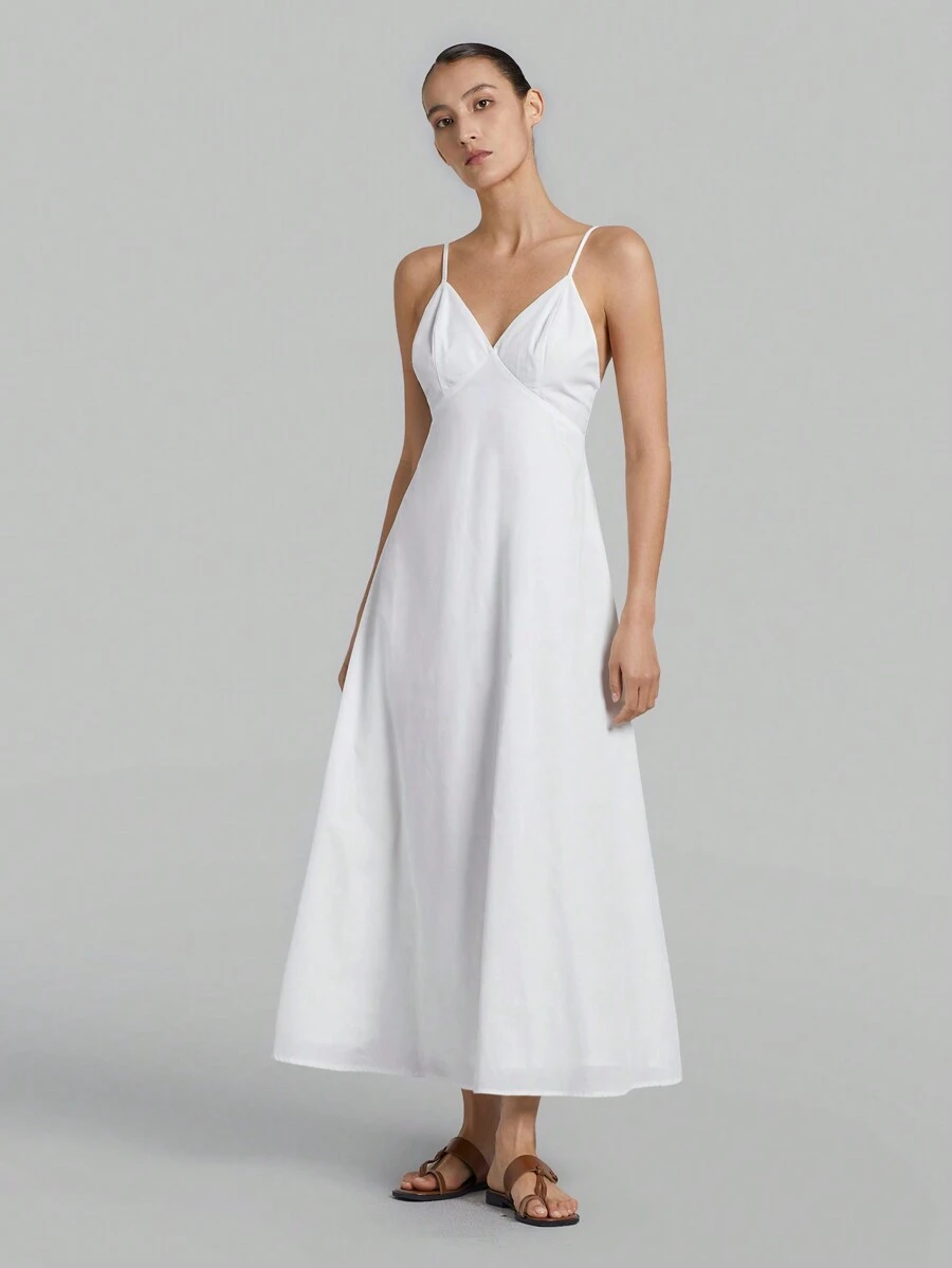 Ontre Của phụ nữ Màu thuần Sâu Không lưng Dây đeo Mì Ý  Đầm - trắng - Xem 1