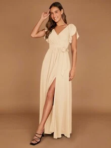 SHEIN Belle Vestido de Dama de Honra Elegante para Adultos com Decote em V, Borda com Babados e Fenda - Bege - Visão 3