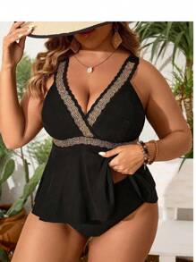 Swim Lushoire Plus Size Women Summer Beach Holiday Contrast Tape Top And Bottom Sexy Tankini Set