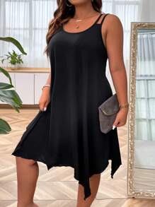 SHEIN CURVE+ Vestido De Talla Grande De Tirantes Con Espagueti, Asimétrico Con Dobladillo unicolor Para Verano - Negro - Ver 3