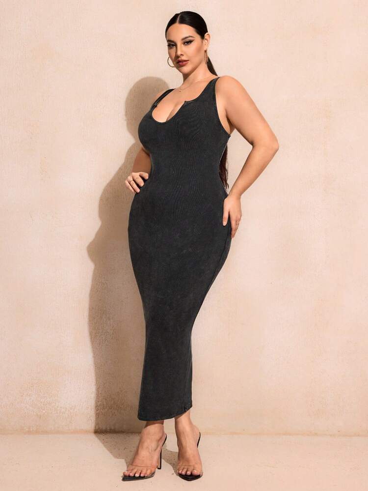 Plus Size High-Stretch Soft Fabric V-Neck Bodycon Dress With Hip Package
