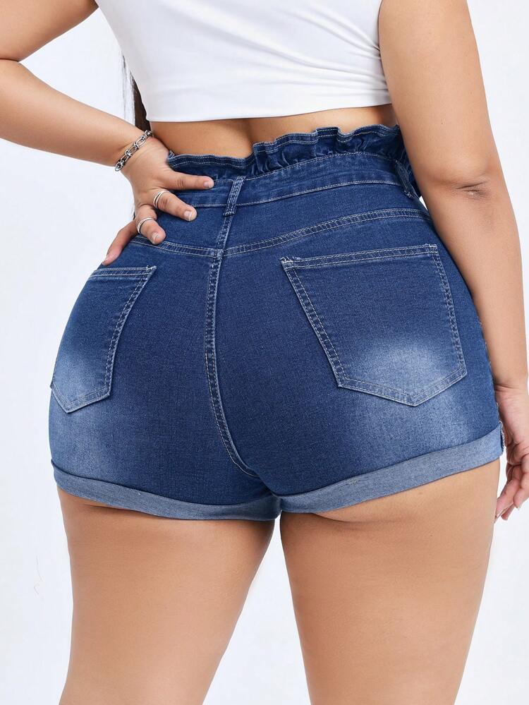 Plus Size Summer Casual Skinny Mini Denim Shorts With Rolled Hem