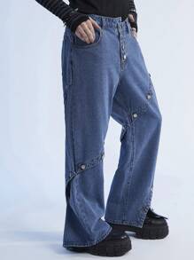 Manfinity EMRG Y2K Retro Street Style Men's Light Blue Asymmetric Wide Leg Baggy Jeans - Medium Wash - View 1