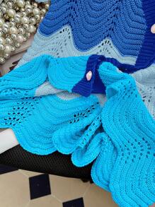 Calvaya 大尺碼拼色單排釦休閒短袖針織開衫，夏季款 - 藍色 - 查看 6