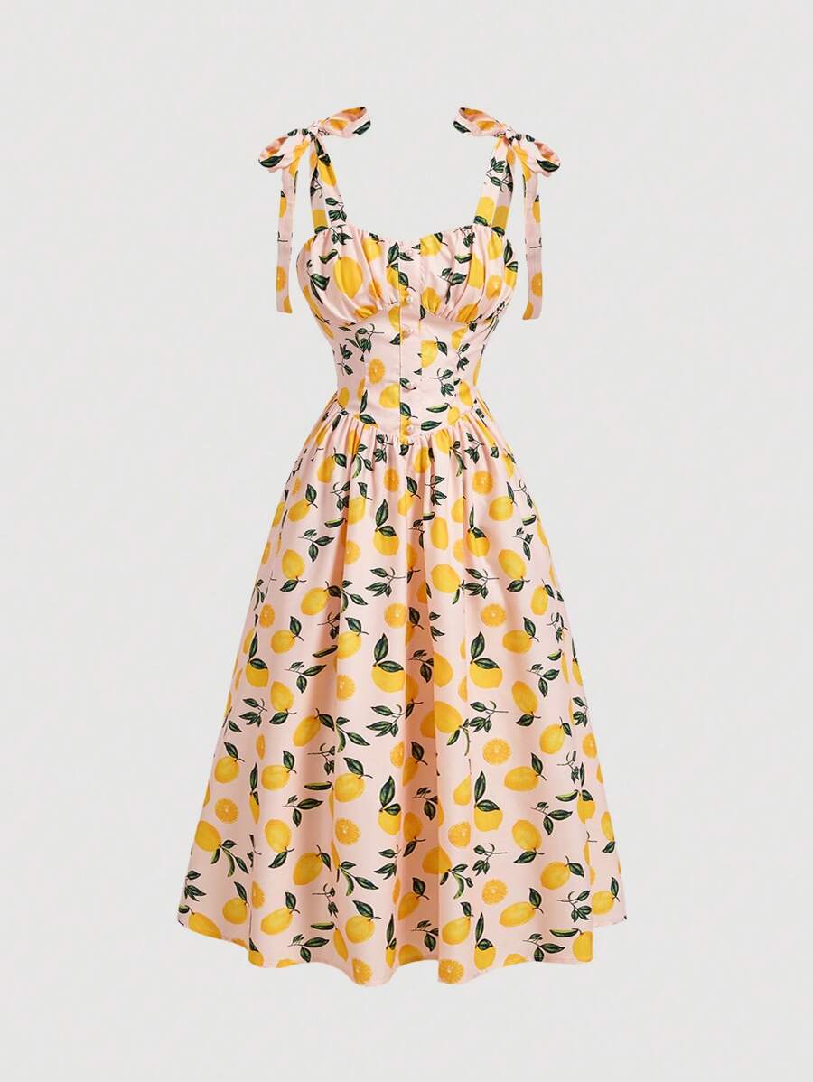 SHEIN MOD Women's Lemon Print Tie Waist Halterneck Sundress For Summer Vacation - Pink - View 1