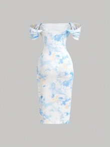 SHEIN MOD 女士优雅扎染露肩褶皱紧身连衣裙（夏季） - 藍色 - 查看 2