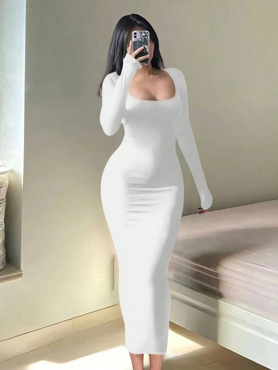 XLLAIS Solid Square Neck Long Sleeve Bodycon White Dress - White - View 1
