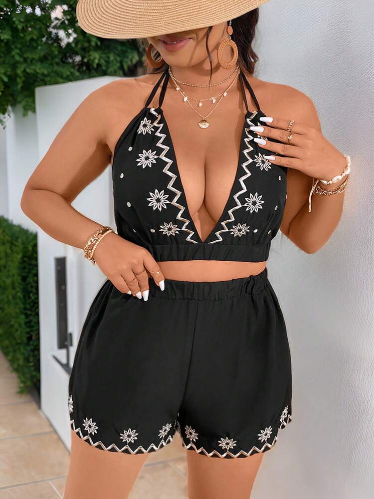 Plus Size Vacation Beach Embroidered Deep V-Neck Halter Top And Shorts Set