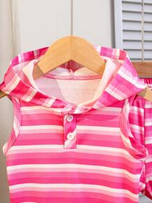 Baby Girl 4pcs Elegant Chic Striped Hooded Tank Top & Shorts Set , Summer - Multicolor - View 4