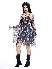 ROMWE Goth 女式万圣节奢华宫殿玫瑰蕾丝印花细肩带哥特式喇叭袖不对称下摆连衣裙 - 黑色 - 查看 3