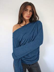 Firerie 女士春夏款實色不對稱領長袖休閒T恤 - 藍色 - 查看 4