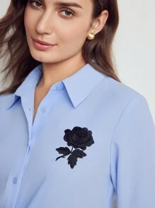 MOTF Classy ÁO THUN THÊU HOA TAY DÀI - Màu xanh lam - Xem 3